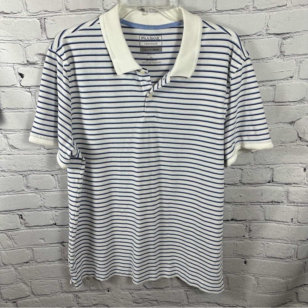 Jos. A. Bank Traveler TravelTech Collared Shirt Slim Fit Stripes White Blue XL